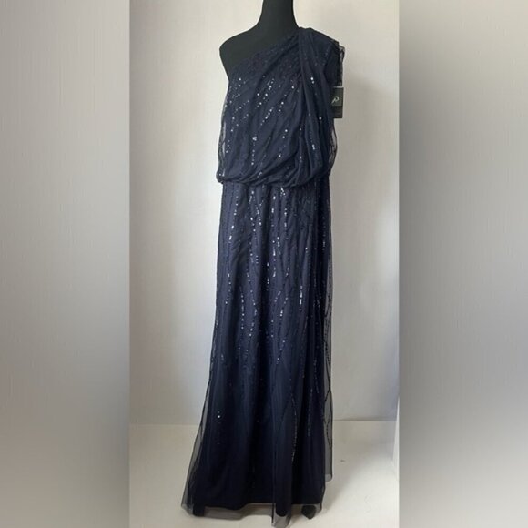 Adrianna Papell - Long Sequins Beaded One-Shoulder Gown - Dusty Navy. Size: 18W - Picture 3 of 16